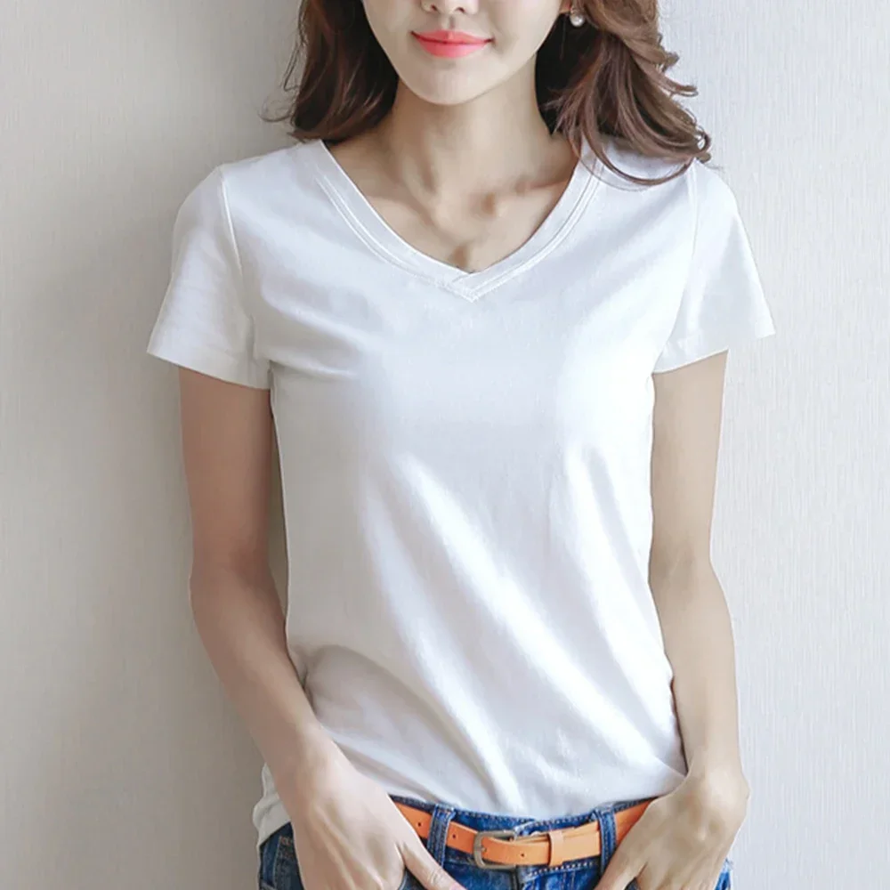 Women's Basic Tees Solid Color Plain Top Breathable Short Sleeve Round Neck V-Neck Tops Fashion Stretch T-shirts Woman Clothing image 2