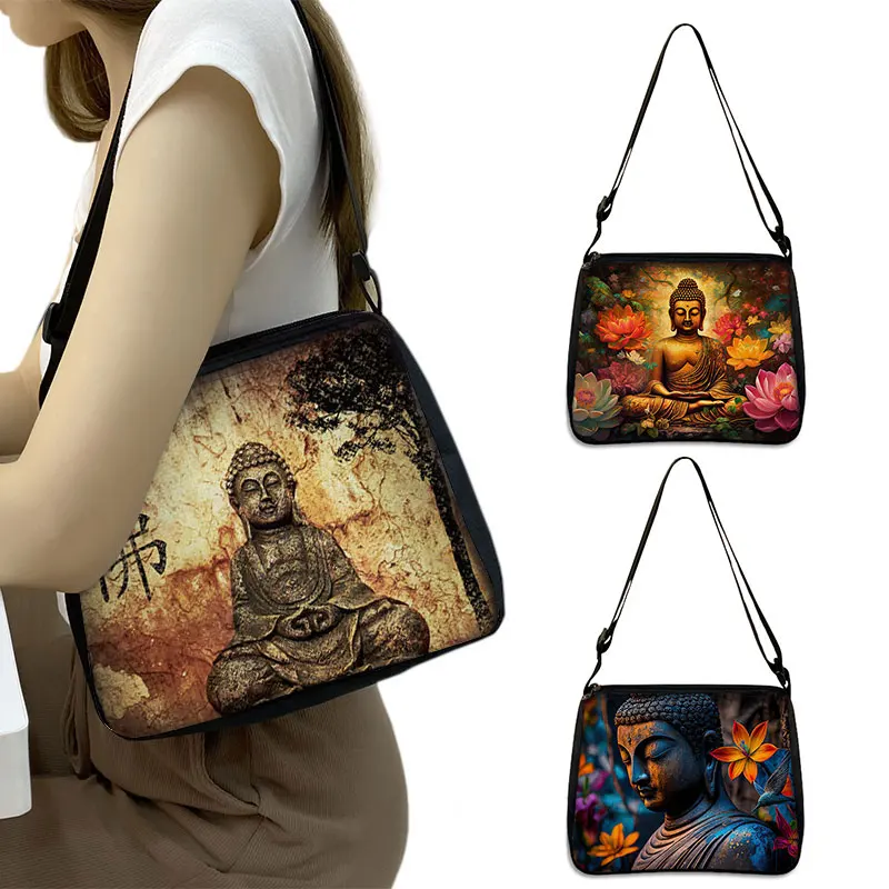 Buddhist Art Print Shoulder Bag Women Shakyamuni Buddha Handbags for Travel Totes Bag Religious Zen Crossbody Bags