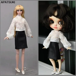 Fashion Clothes Set For Barbie Dolls Accessories Doll Outfits Puff Sleeve Tops Black Leather Skirt For Blythe Doll DIY Toys