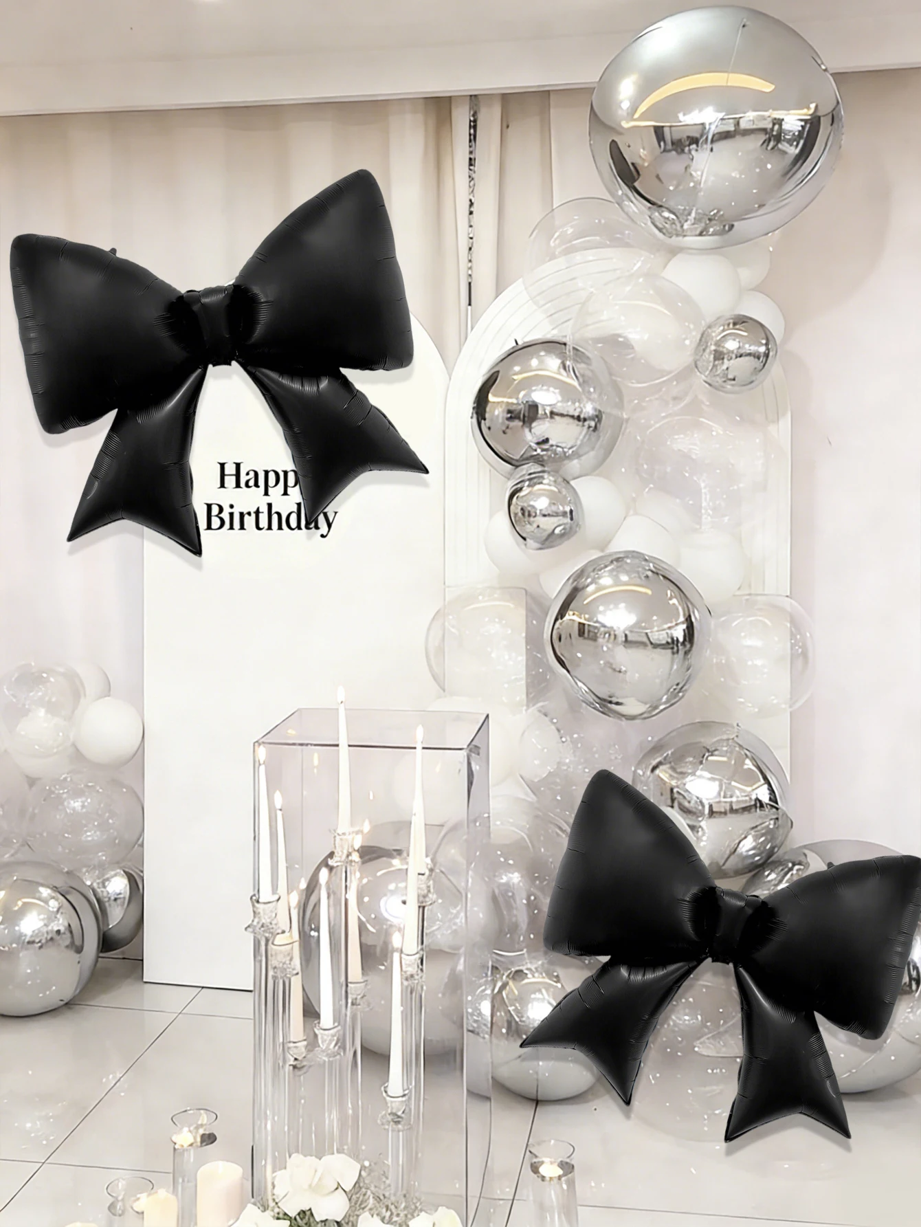 8 runde Folienballons in Silber und schwarze Schleifenballons, geeignet für Geburtstagsfeiern, Junggesellen-/Junggesellinnenabschiede
