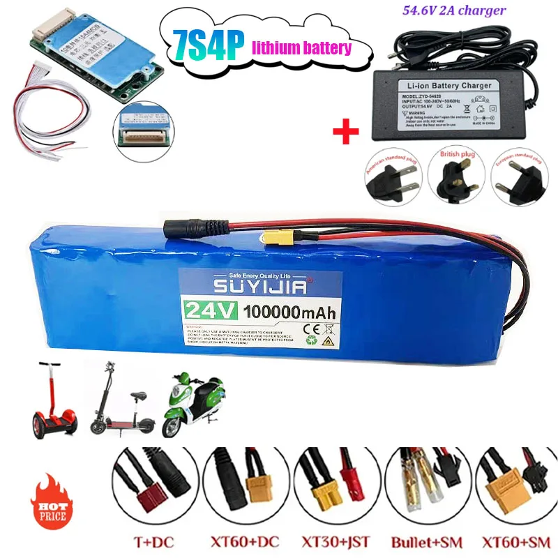 Rechargeable Li-Ion Battery Pack, 24V, BatteryPack 100Ah 7S4P 18650 with BMS for Electric Vehicles Wheelchairs +29.4V Charger