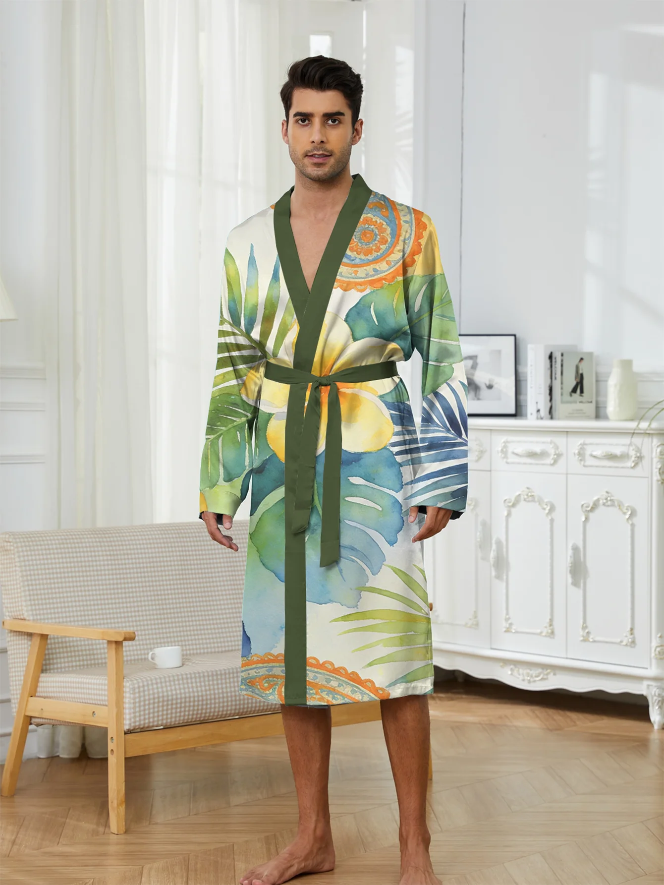 Men's 3D Digital Printed Spring Autumn Thin Skin Friendly Home Pajamas and Bathrobes，men's Nightgowns Dry Quickly Without Fading