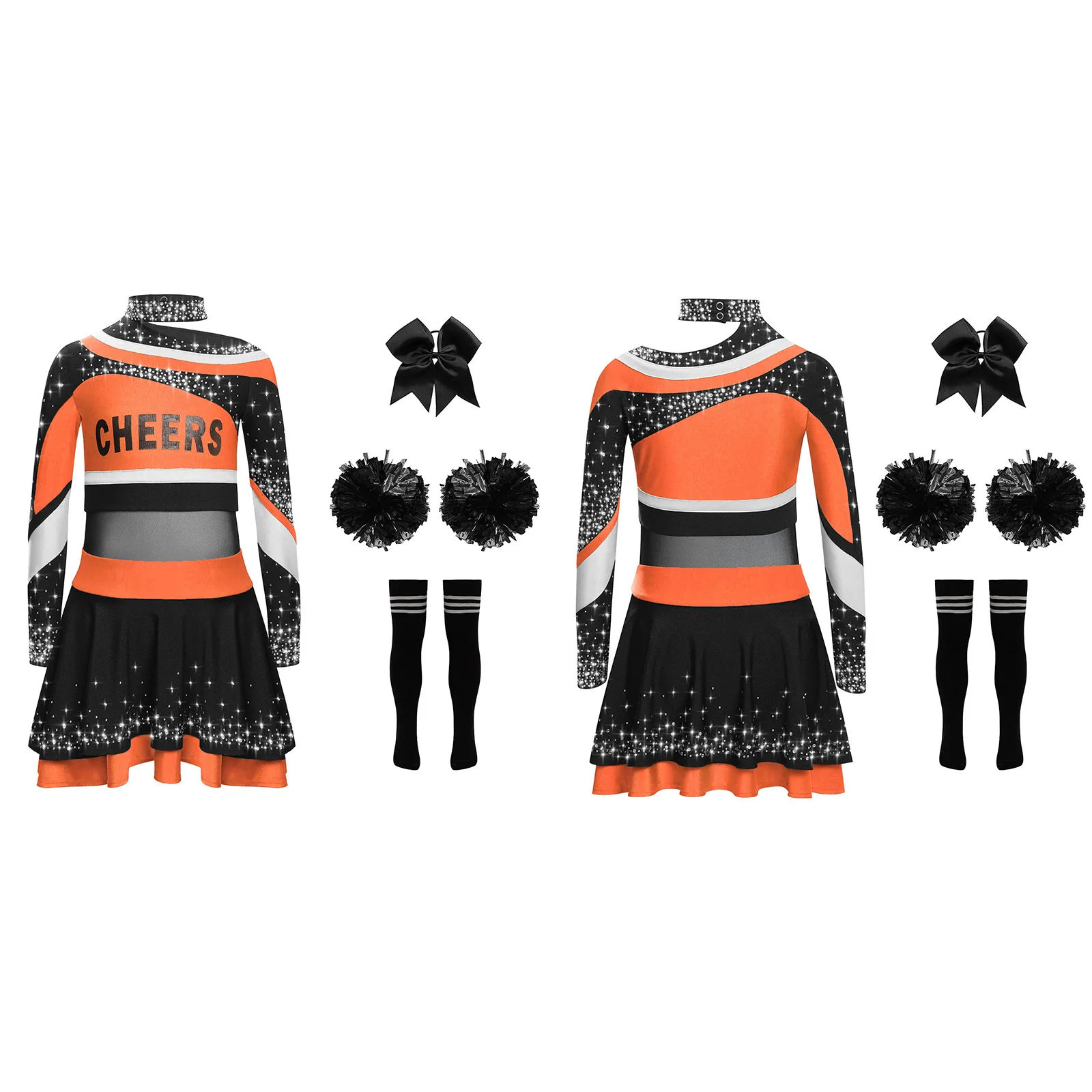 Color Block Cheerleader Costumes Kids Cheer Dance Suits Girls Cheerleading Outfits Letter Print Shiny Rhinestones Cheerlead Sets