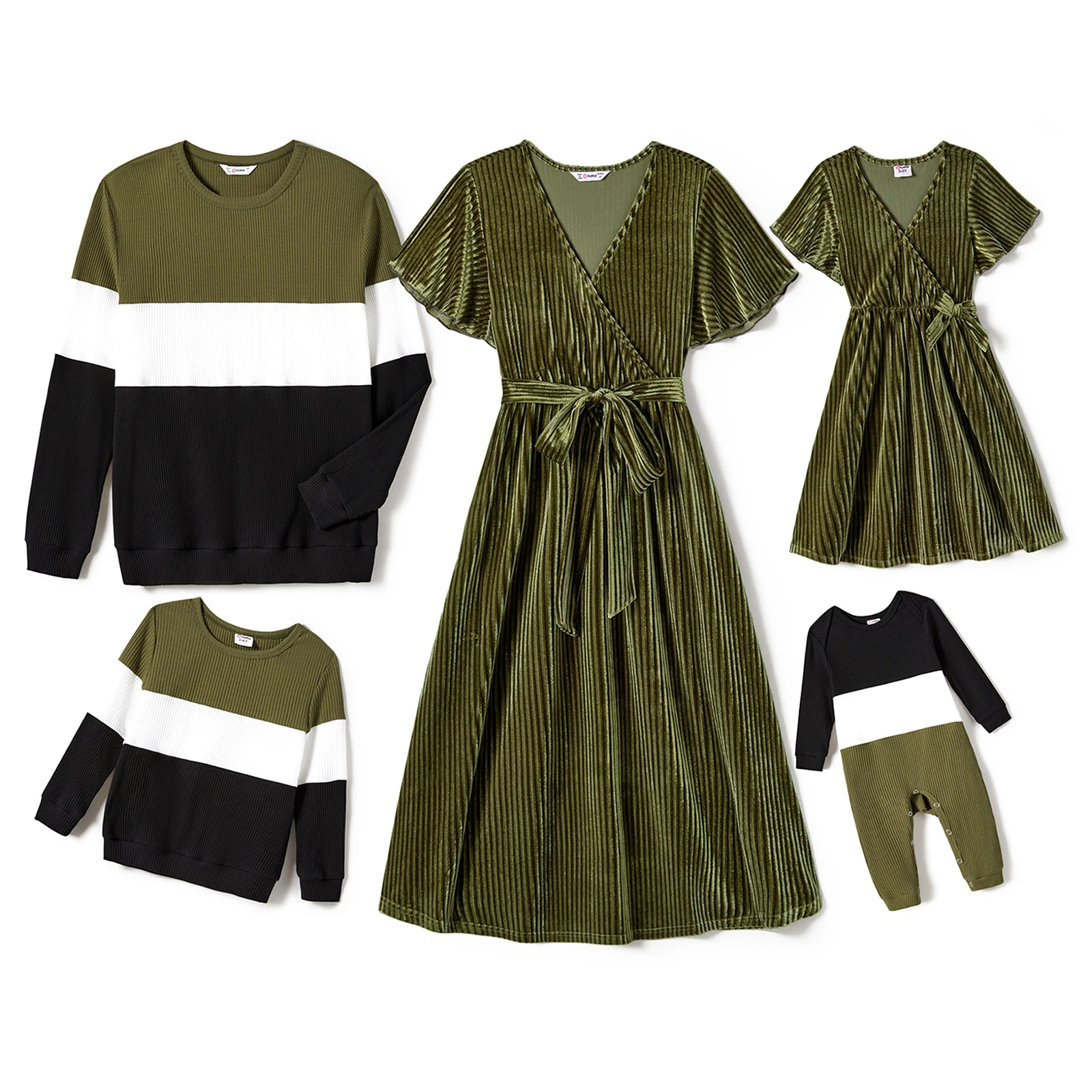 PatPat Family Matching Ribbed Solid Belted Dresses And Long Sleeve Colorblock Tops Sets