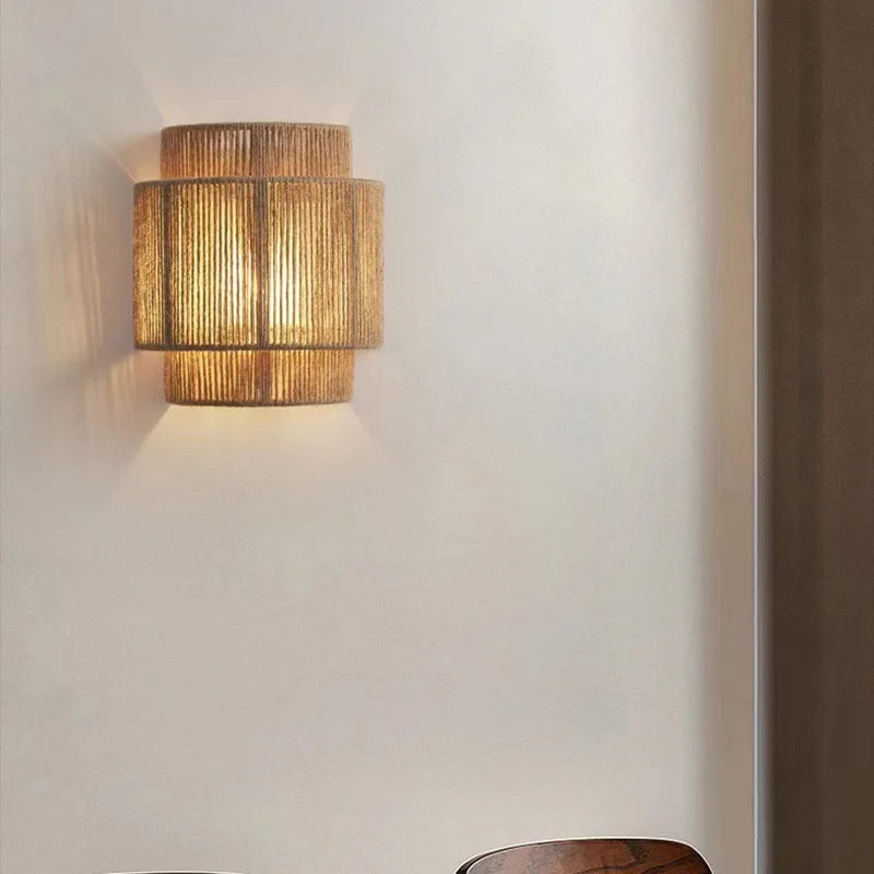 مصباح جداري من حبل القنب الحرفي على الطراز الياباني الإبداعي: تصميم قديم منسوج يدويًا لغرفة النوم، وتناول الطعام، والفندق، وغرفة المعيشة #3