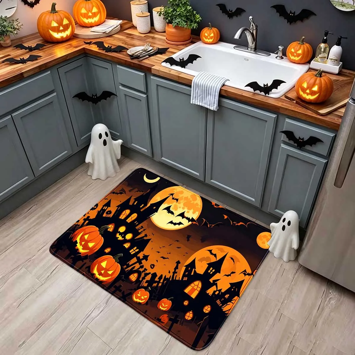 1 Dark Wind Full Moon Ghost House Pumpkin Bat Pattern Foot Mat Indoor Halloween Creative Decoration Carpet