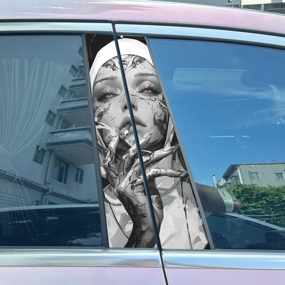 2Pcs/set Gothic Nun DIY Car B-pillar Cover Scratches Waterproof Durable Cartoon Automobile Decoration Auto PET Decals Stickers