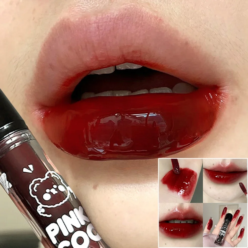 Bear Mirror Lip Glaze Lasting Moisturizing Non-Stick Cup Clear Liquid Lipstick Water Glossy Red Tint Lips Plumper Makeup Women