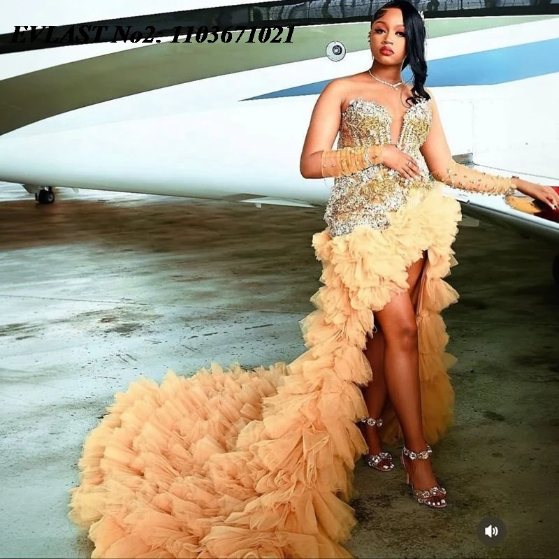 

EVLAST Customized African Aso Ebi Gold Mermaid Prom Dress Black Girls Diamond Beads High Slit Evening Gown Robe De Soiree E2P106
