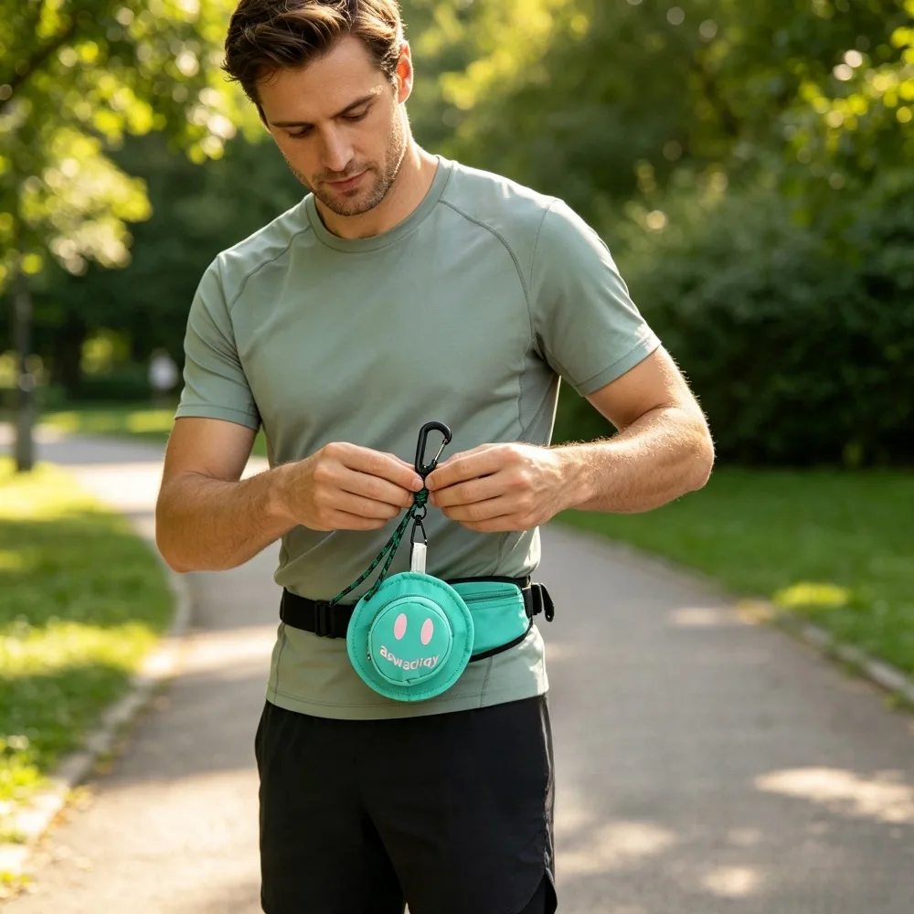1 Pack Mint‑Green Cute Mini Bucket Hat Pouch, Zippered Coin Key Earbud Storage Bag, Lightweight Hanging Cosmetic Change Purse with Braided Rope Carabiner Clip for Backpack & Outdoor, 14cm Diameter