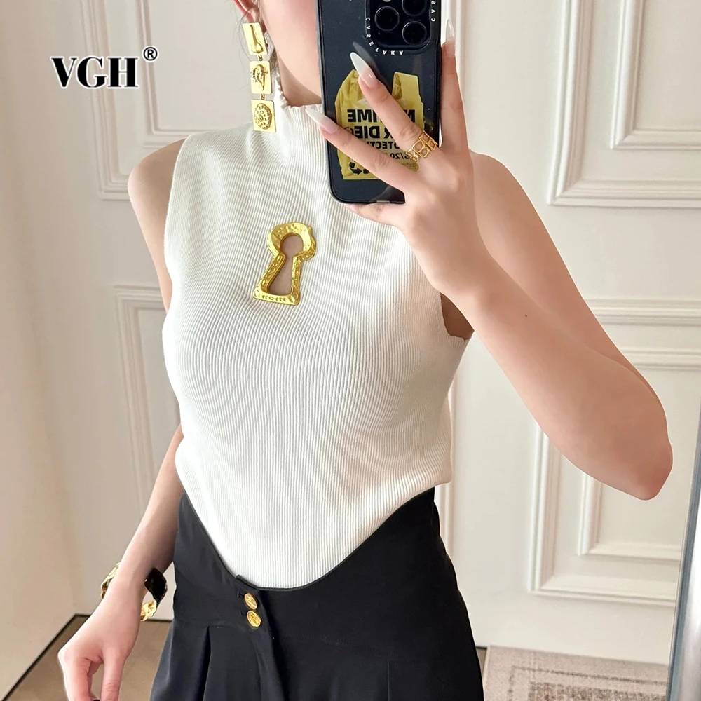 

VGH Solid Slim Fit Hollow Out Casual T Shirts For Women Turtleneck Sleeveless Summer Temperament T Shirt Female Fashion Style
