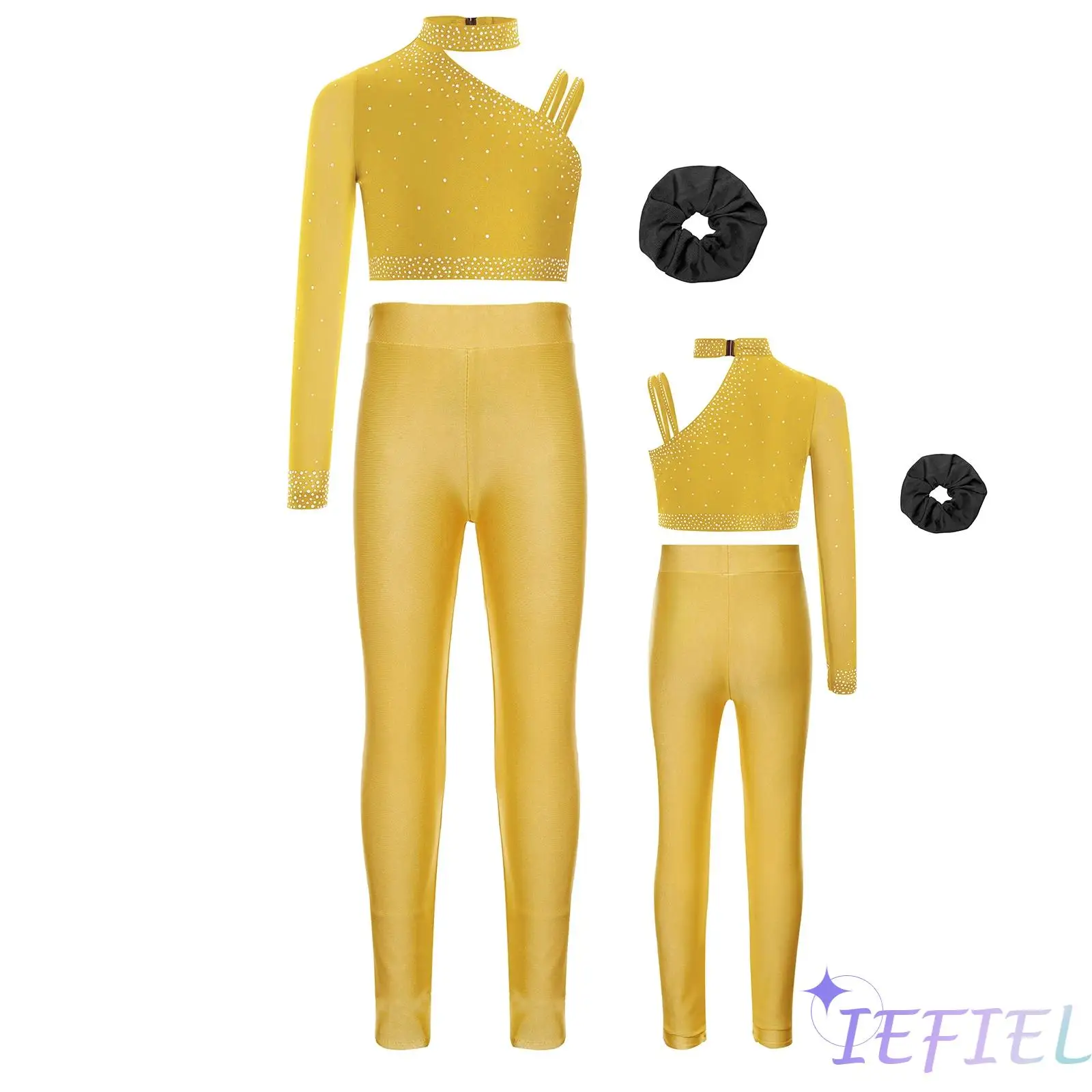 

Girls Jazz Dance Outfit Figure Skating Gymnastics Unique Irregular Shoulder Sparkly Rhinestones Crop Top with Hairband Leggings