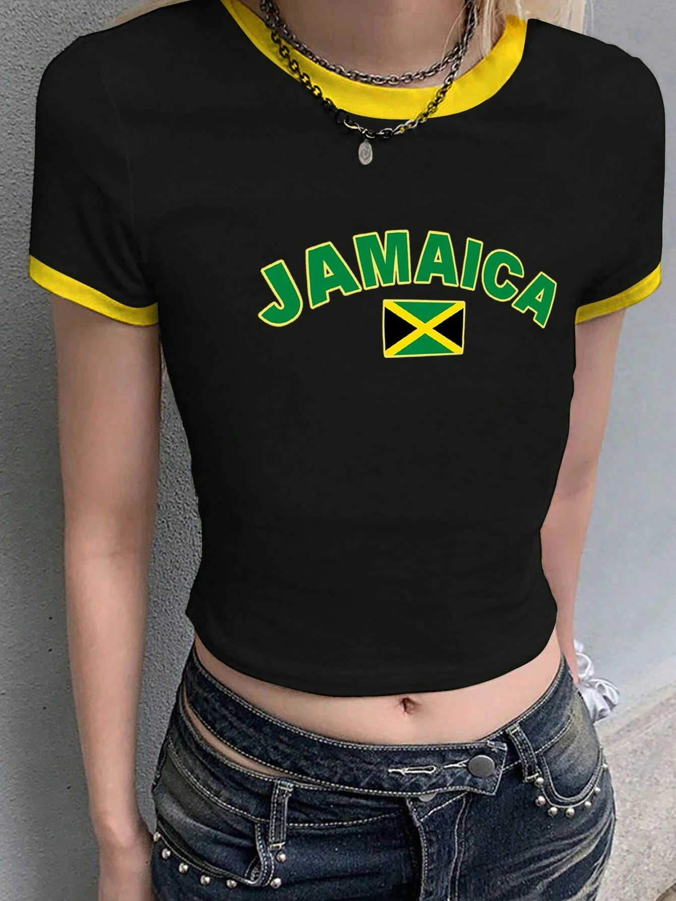 المرأة "Jamaica" إلكتروني طباعة عادية Colorblock المجهزة اقتصاص تي شيرت قصير الجرافيك تيز المرأة بلايز المحملة