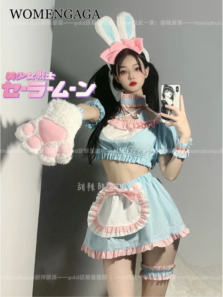 Womengaga Zoete Pittige Konijn Cosplay Anime Roze Blauw Japanse Maid Mini Jurk Kant Hot Sexy Koreaanse Vrouwen Tops 2022 K4MU