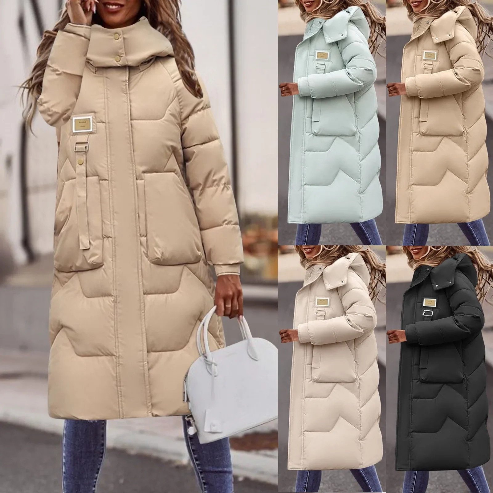 Women Jacket Long Parkas Down Padded Coat Winter Thicken 2023 warm Fashion Leather Label Decoration Hooded Big Slanted Pocket