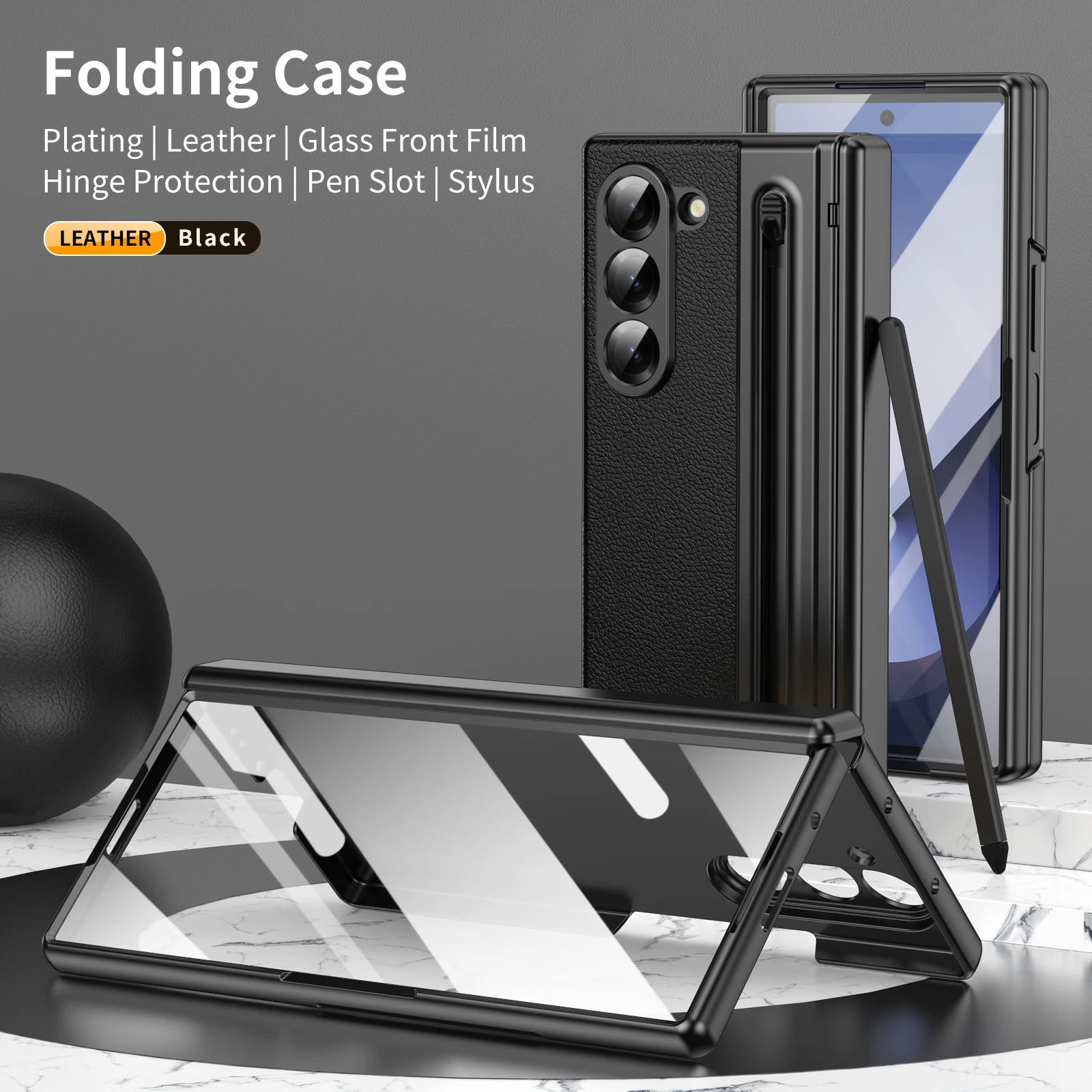 VIETAO voor Samsung Galaxy Z Fold 7 lederen telefoonhoes met scharnierbescherming, Z Fold 6 hoesje met voorschermfilmbeschermer + pen