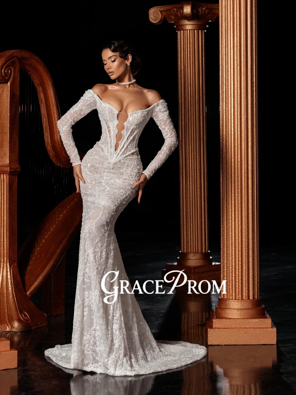 

Elegant Off-the-Shoulder Deep Plunging Mermaid Bridal Gown Sheer Lace Long Sleeves Beading Sequin Corset Bodice Wedding Dress