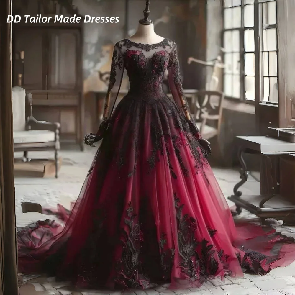 

Vintage Gothic Black and Burgundy Wedding Dress Long Sleeves Lace Appliques Retro Bridal Gowns Customized Vestidos De Novia