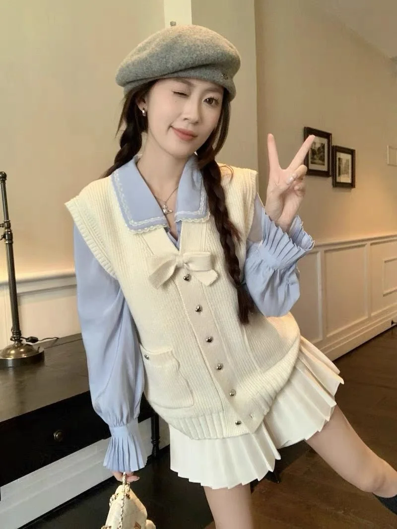 

Korea College Style Three-Piece Set Bow Knitted Vest Long Sleeve Shirt High Waist Short Skirt Women'S Autumn Winter Suit