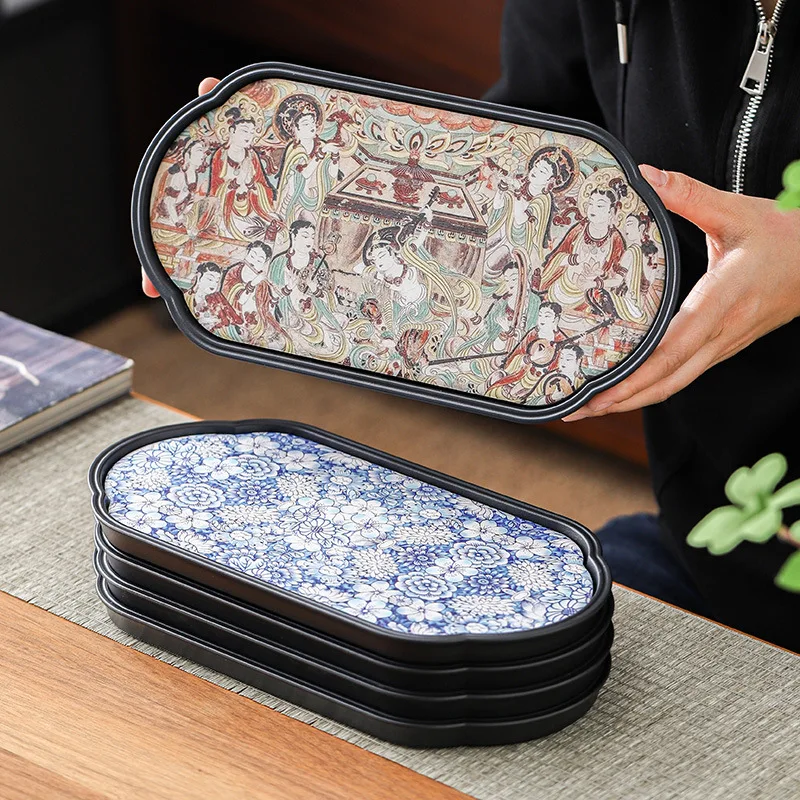 Chinese Kung Fu Tea Table, Rectangular Tray, Small Household Haitang Tea Tray, Ceramic Water Absorbing Dry Brewing Tray