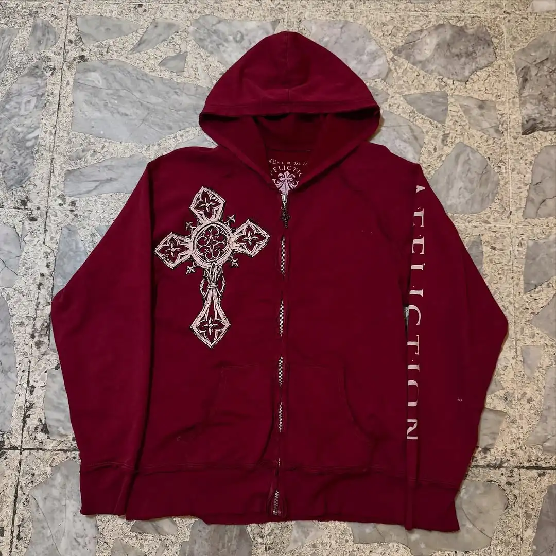 Affliction Red Gothic Hoodie New Fashion Oversize Pattern Zipper Hoodie Coat Men Clothing Loose Sweatshirt Couple Casual Hoodie