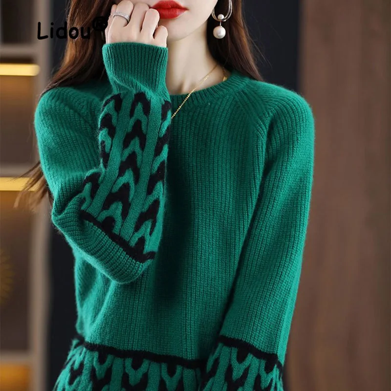 Klassische Farbe Blockieren Innen Läppen Stricken Bodenbildung Shirt Frauen Korean Jacquard Weave Herbst Winter Alle-spiel Pullover