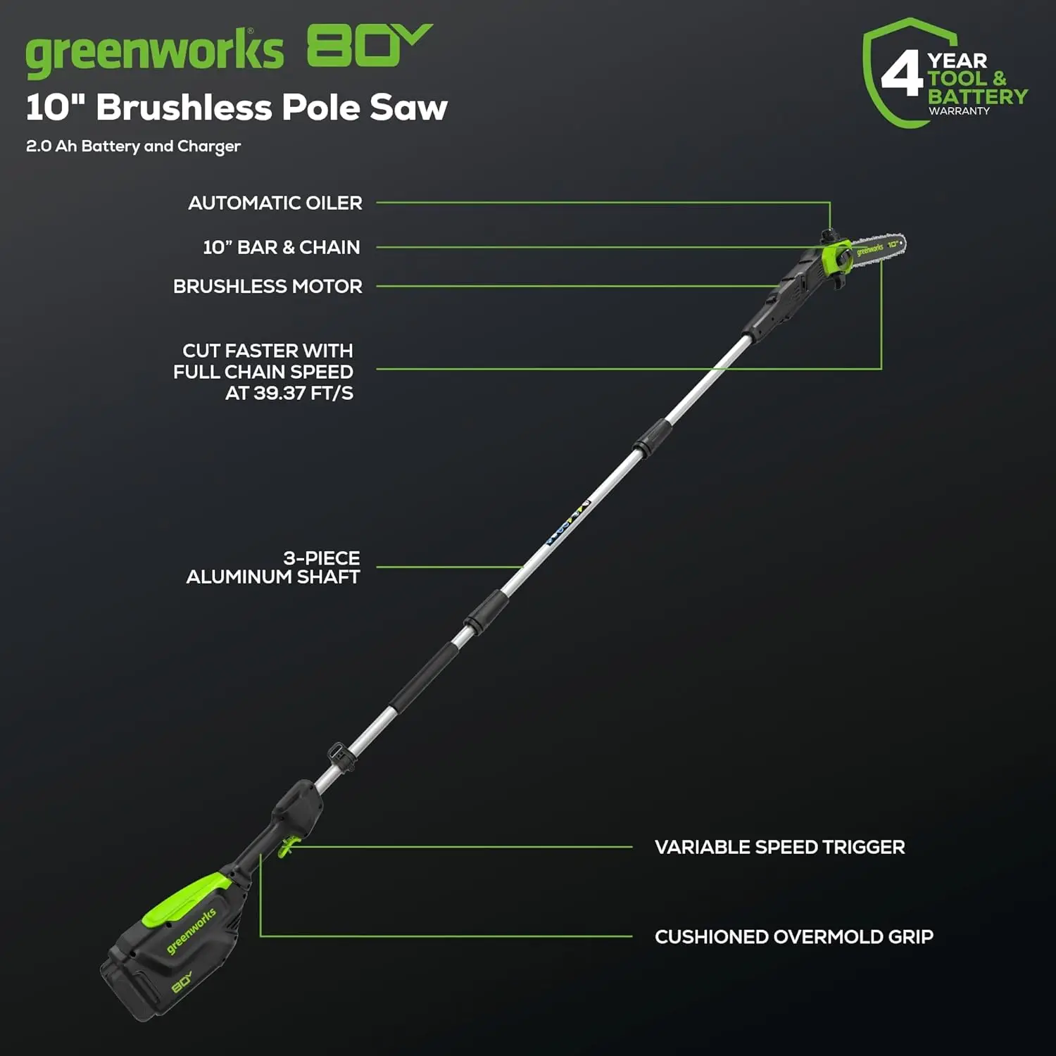 Scie de postes inalámbrica sin escobillas de 80 V y 10 "(ótima para podar y recortar ramas/más de 75 herramientas compatibles), batería y cargador de 2,0 Ah