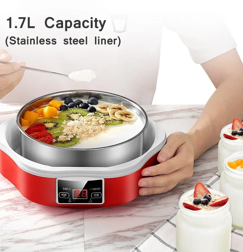 유리 컵이 있는 자동 요구르트 기계, 스테인리스 스틸 라이너, 나토 라이스 와인 메이커, 디지털 패널, DIY 요구르트 도구, EU