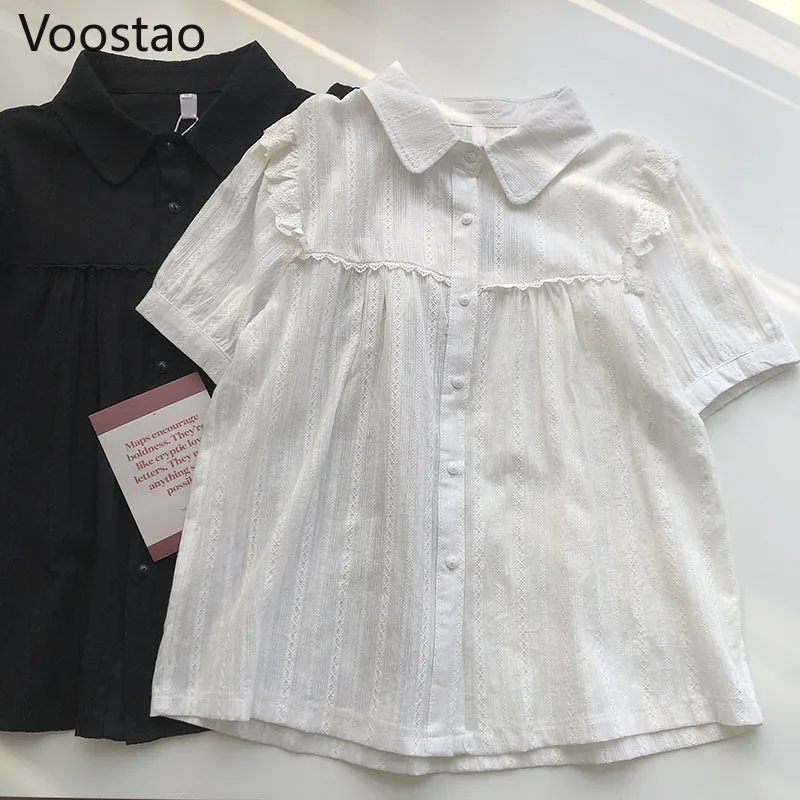 Zomer Zoete Lolita Stijl Blouses Vrouwen Koreaanse Chic Lace Ruches Jk Shirts Meisjes Leuke Korte Mouw Wit Blusas Mujer Tops