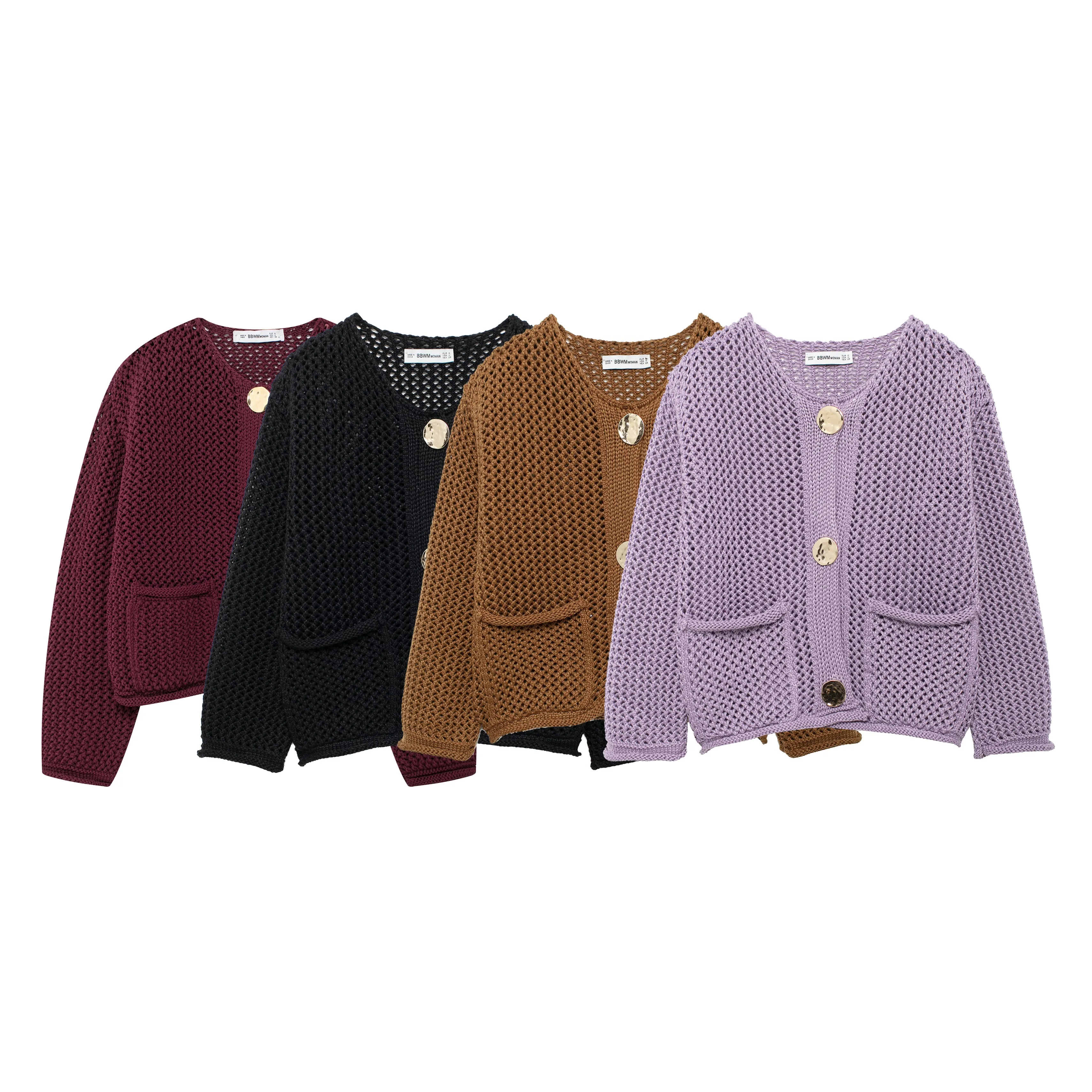 Fall Clothes Long Sleeve Tops Knitted Golden Button Up Crop Cardigans For Woman Vintage Cropped Sweaters With Pockets Hollow Out