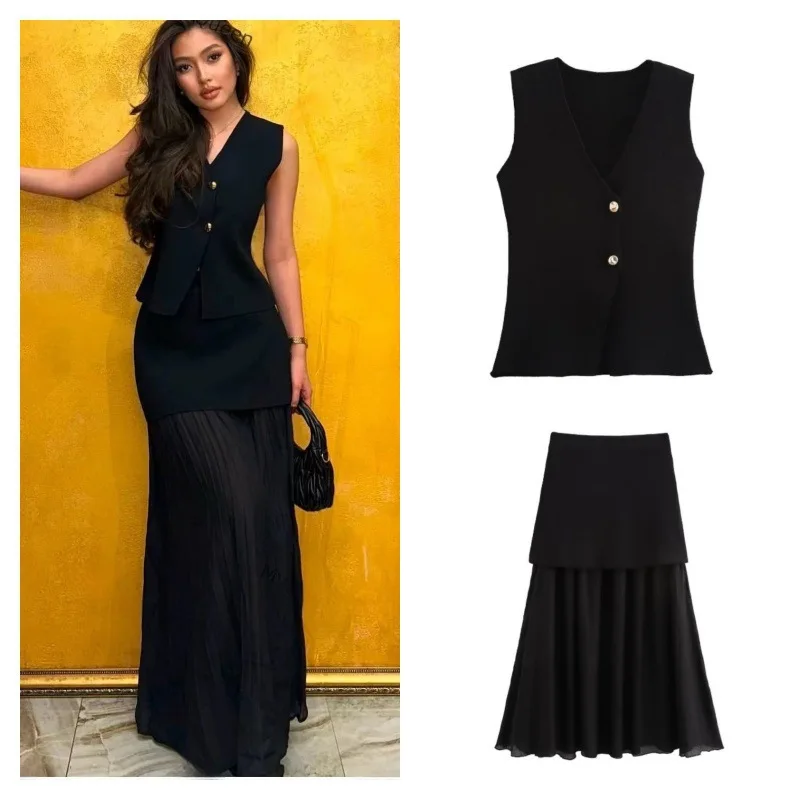 Summer Two piece Set  Women's New Set Dress Solid Color Slim Knit Vest Top Half Skirt