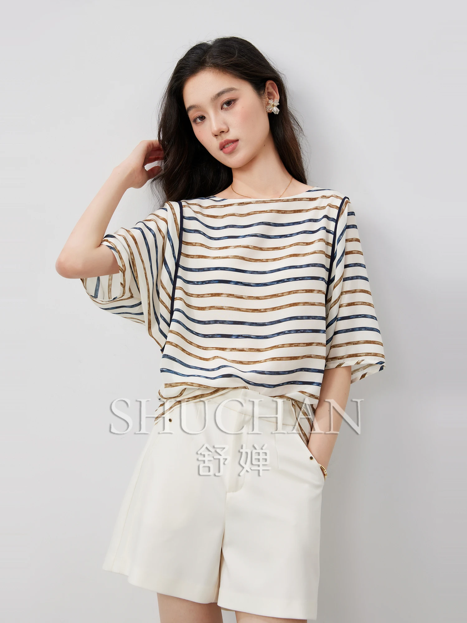 Reiki Color Strip 16 Mmi Double Crepe Silk Contrasting Color Striped Round Neck Lazy Bat Sleeve Shirt and Blouse Women