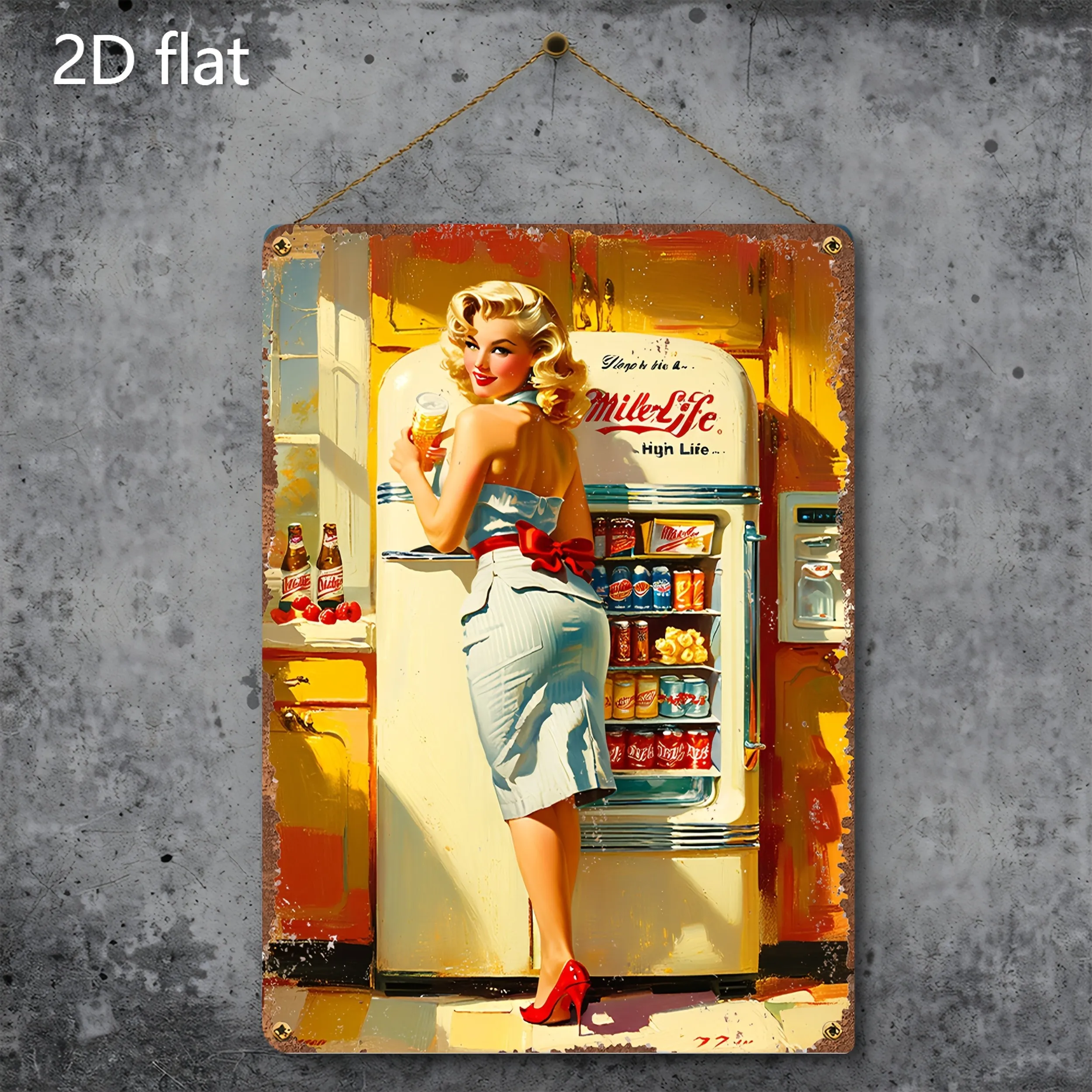 Vintage Kitchen Wall Art - Retro Pin-Up Girl & Fridge Tin Sign, Indoor/Outdoor Hanging Decorative Plaque for Home, Bar, Cafe,