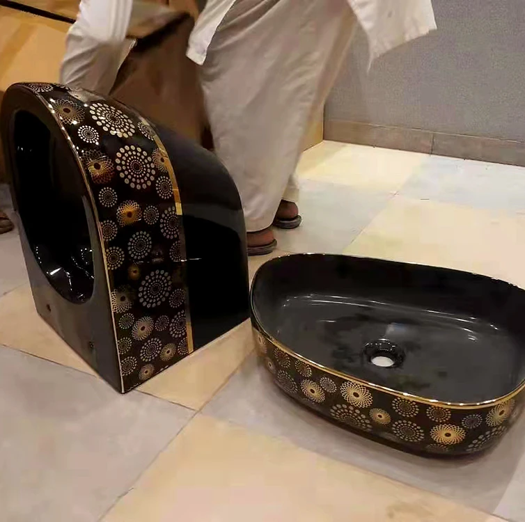 ゴールドブラックのトイレボウル、メッシュセラミック製プレハブ高級バスルームアート、壁掛け洗面台トイレ