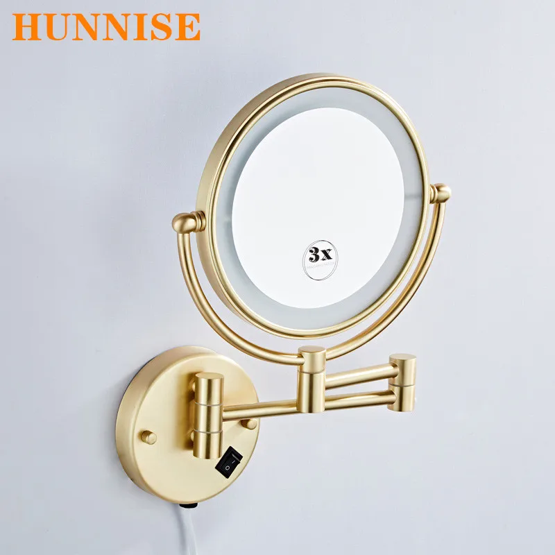 Brushed Gold LED Makeup Mirror with Brass Folding Bathroom Mirrors of 8 Inch 3X 5X Maynifying Makeup Mirror Dual Face LED Mirror