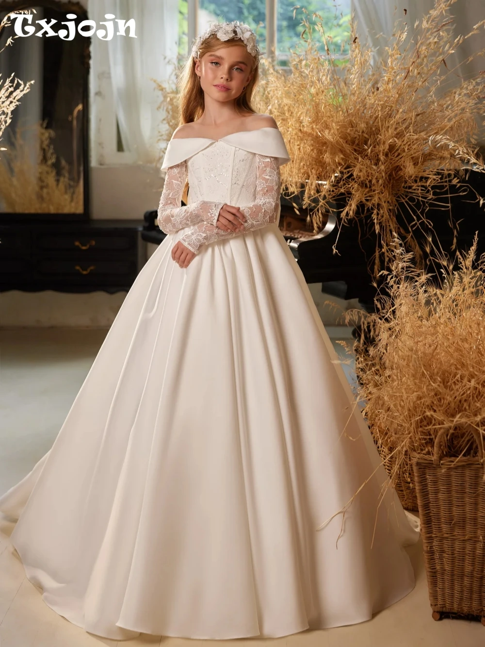 

Sparkly Graceful Lace off Shoulder Princess Dresses For Birthday Party Cute Bow Satin A-line Long Girls Gowns Banquet Wear