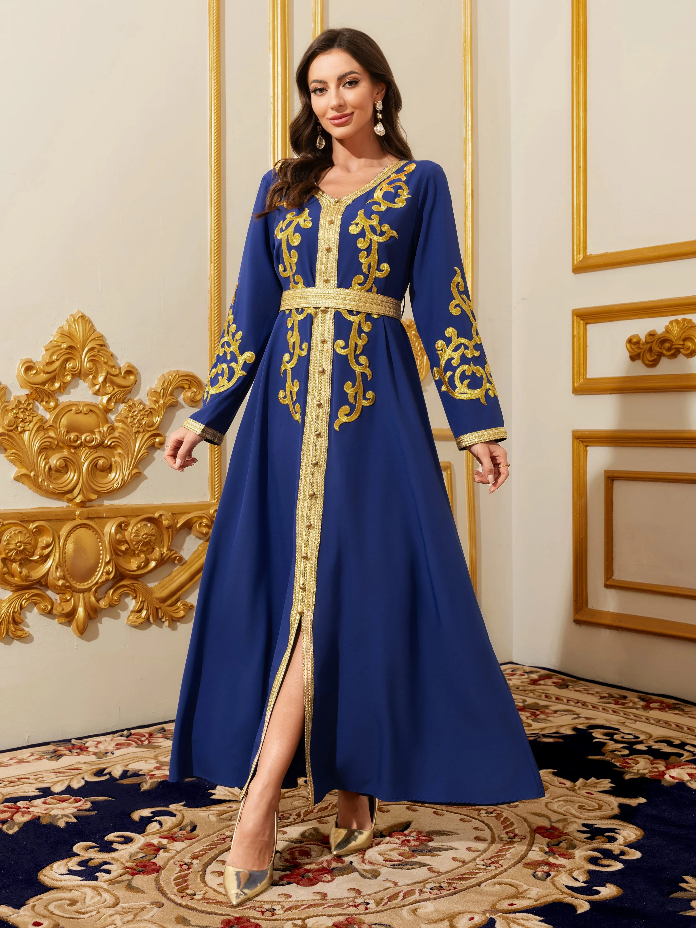 

Middle Eastern Modest Maxi Dress - Muslim Moroccan Kaftan Abaya for Women Gold Embroidered Eid Dress Islamic Traditional Wear