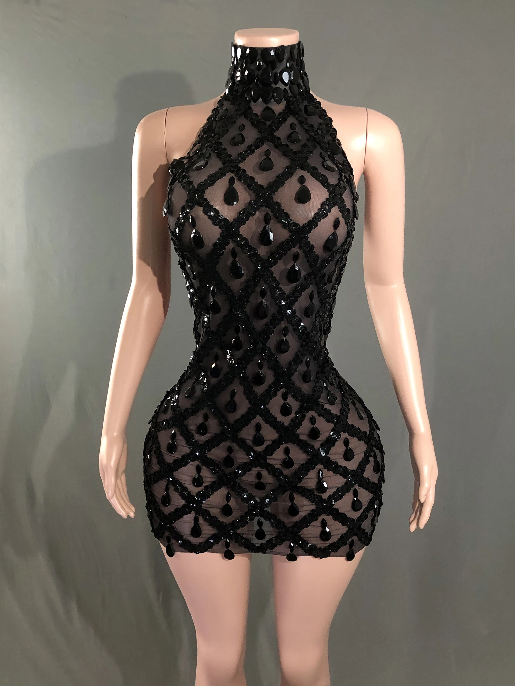 Sparkly Strass Korte Jurk voor Vrouwen Sexy Mesh Transparant Vieren Avond Prom Evenement Verjaardag Jurk Fotoshoot Wear