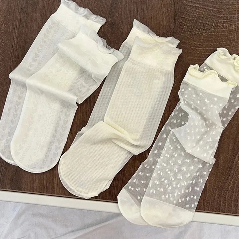 3 Pairs Women's Socks White Lace Summer Thin Wooden Ear Edge Pile Socks Spring Summer Socks Women's Ice Silk Sock