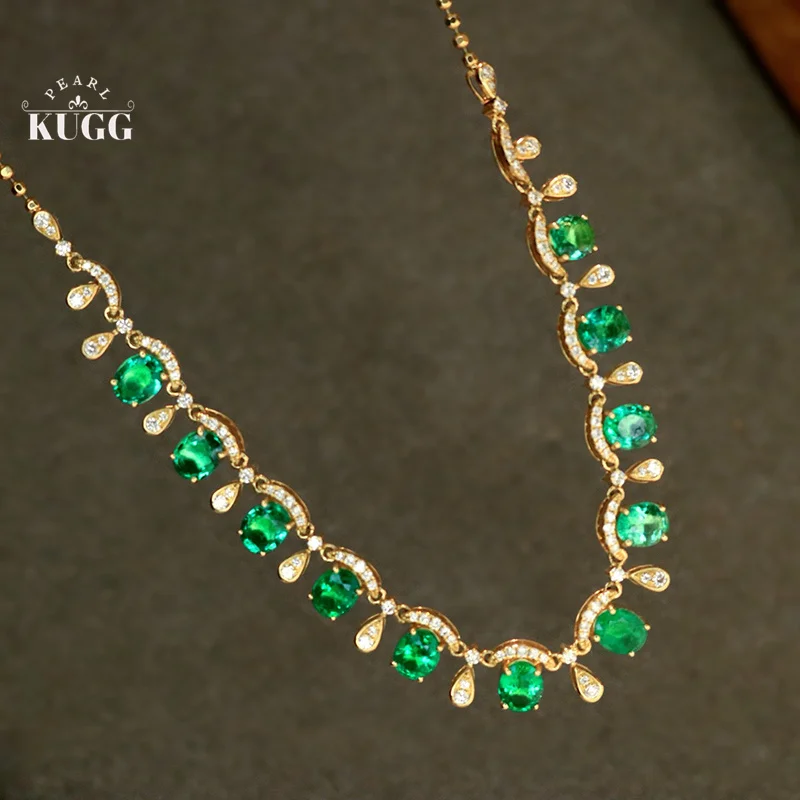 KUGG 100% 18K Yellow Gold Necklace Luxury Elegant Style Shiny Diamond Natural Emerald Necklace for Women High Party Jewelry
