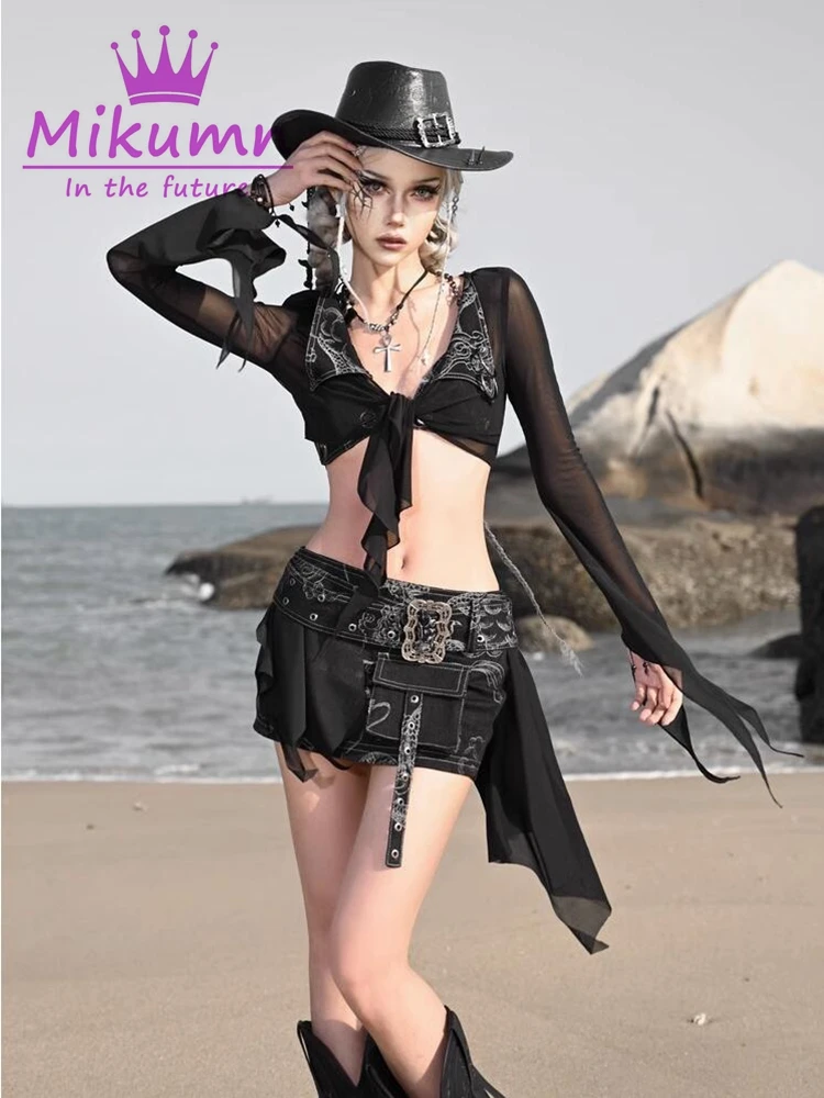 Gothic Sexy See Through Women Blouses Beach Summer Vintage Black Mesh Crop Top Lace Up Irregular Ruffles Cardigan Shirts Mujer