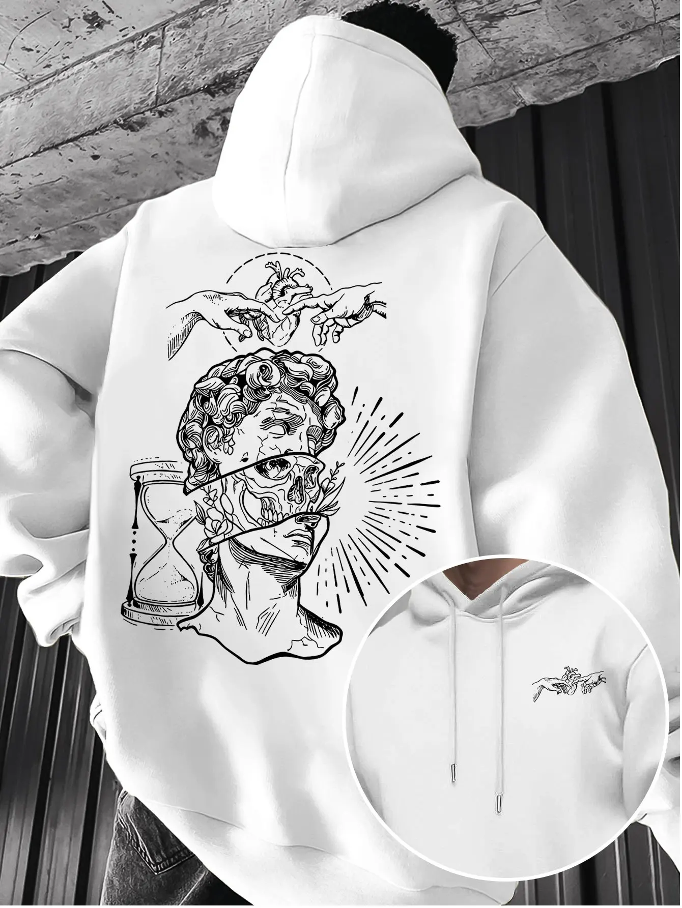 American Retro David Plaster Skull Hourglass Print Hooded Sweatshirt Men'S Street Trendy Casual Pullover Hoodie All-Match Long Sleeve Top