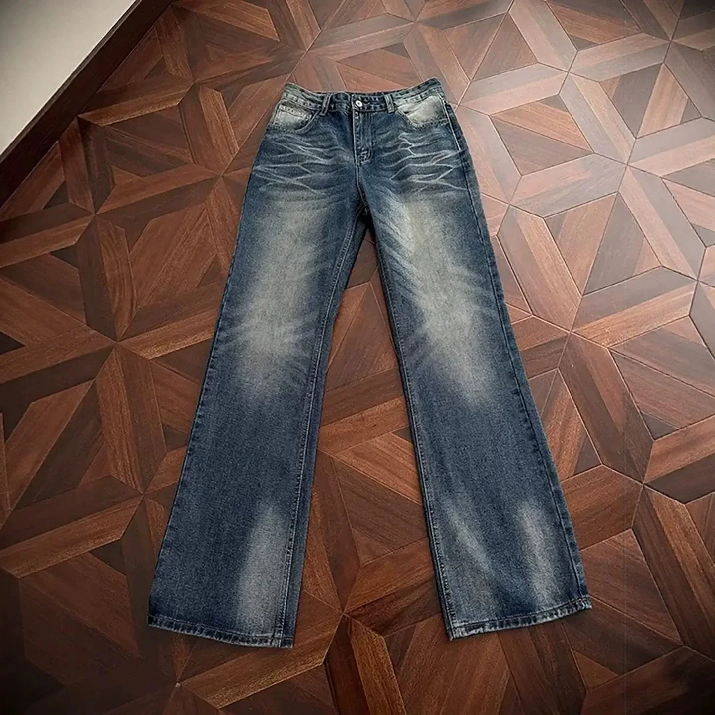 Autumn Winter Retro Men's Jeans American Casual Fashion High Street Washed Distressed Blue Straight Leg Loose Denim Pants