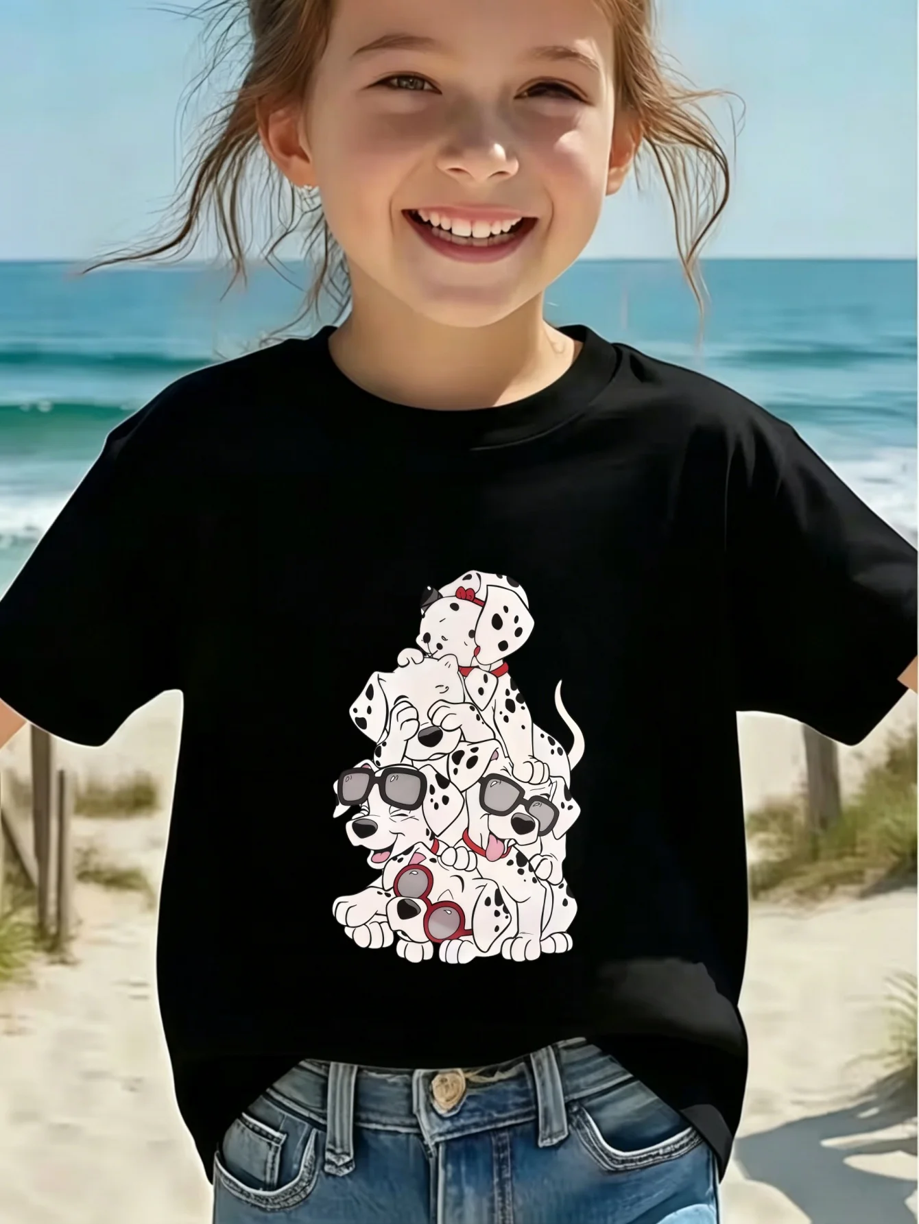Stacked Sunglasses Dalmatian Puppies Kids T Shirt Boys Girls Short Sleeve Crew Neck Cotton Parent Matching Tops Toddler Youth