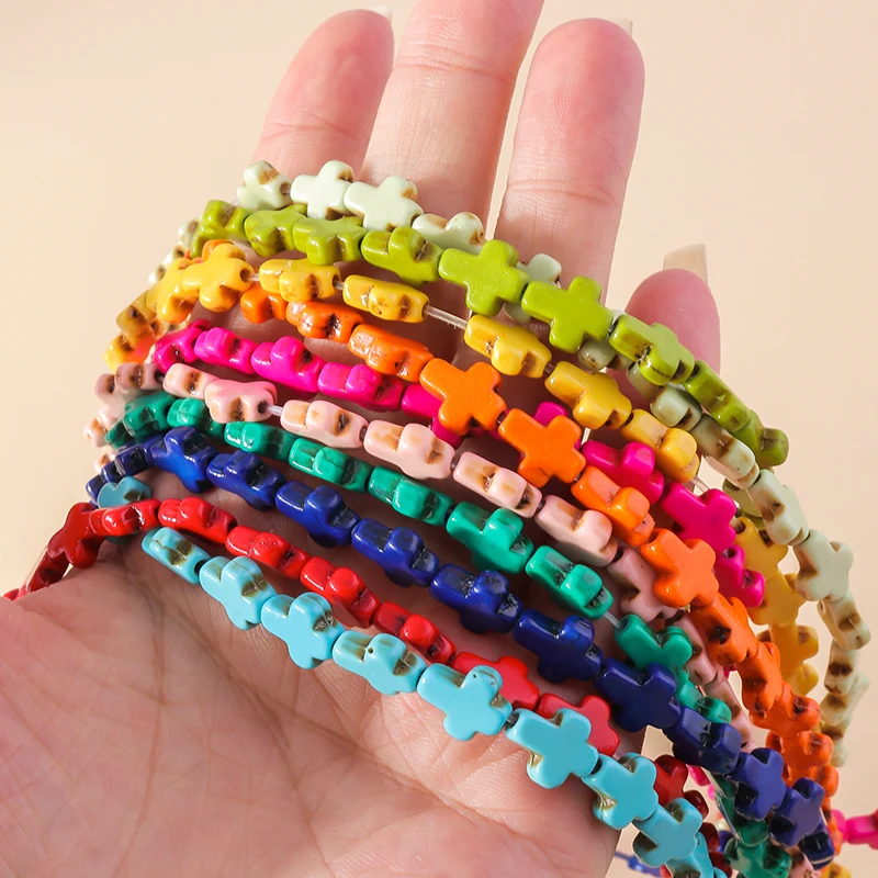 Leslie 50pcs/lot 8*10mm Dyeing Color Cross Shape Beads Natural Turquoise Stone Cross Spacer Loose Beads for Jewelry Making Diy