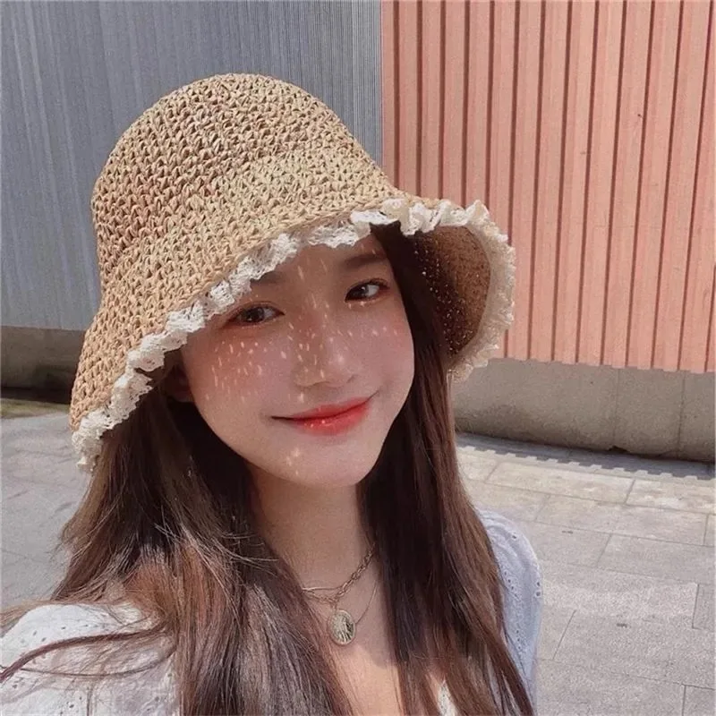 Summer Fashion Lady  Beach Hat Foldable Straw Crochet Bucket Hat For Women Outdoor Sunshade Solid Fisherman Hat With Lace Gift