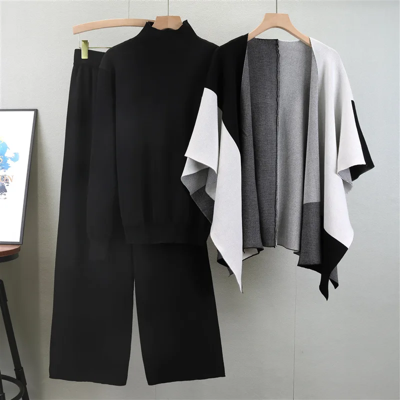 Casual Long Sleeves Knit Top Shawl Pants Suits Elegant Pullover Top Contrasting Colors Shawl Wide Leg Pants Three-Piece Sets