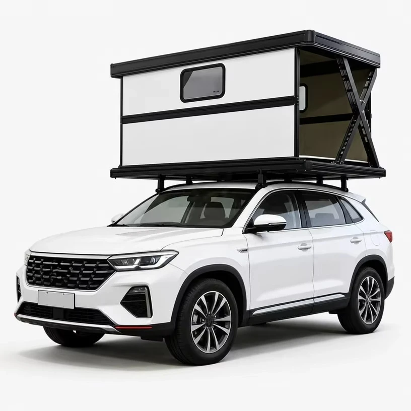 Waterproof Aluminum Pole Electric Lift Four-season Double Layer Straight Bracing Type Car Rooftop Tent with Hardshell Ladder