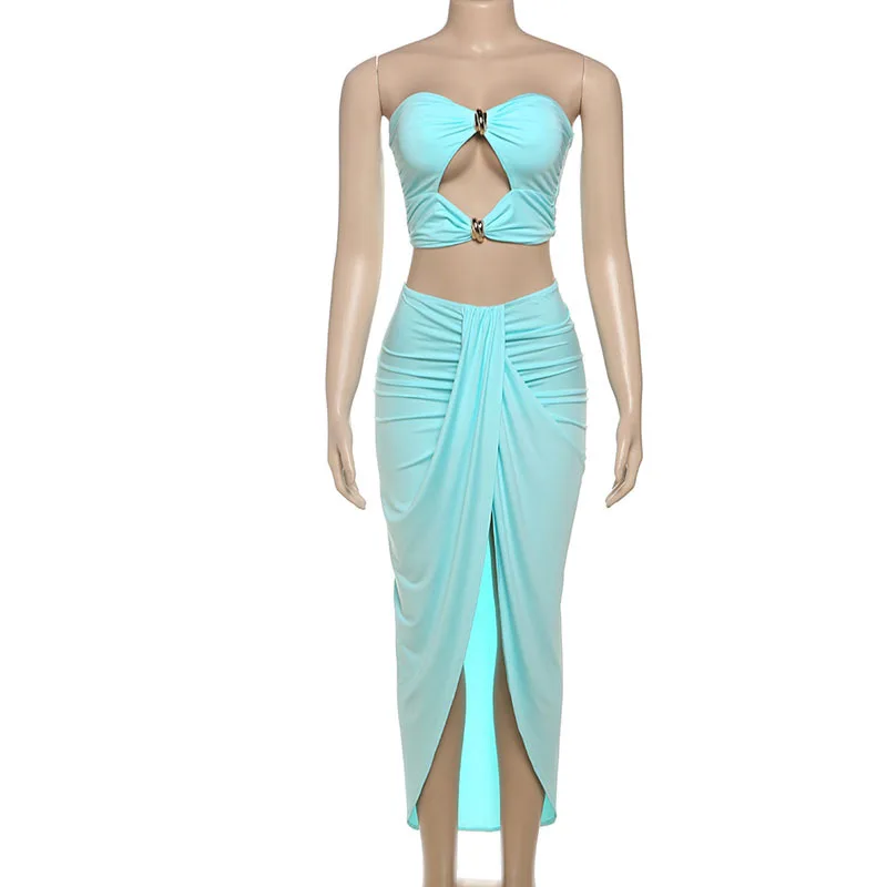 Metal Buckle Ruched Hollow Out 2 Piece Set Women Sexy Strapless Backless Crop Tops + Pleated Irregular Bodycon Maxi Skirts Suits