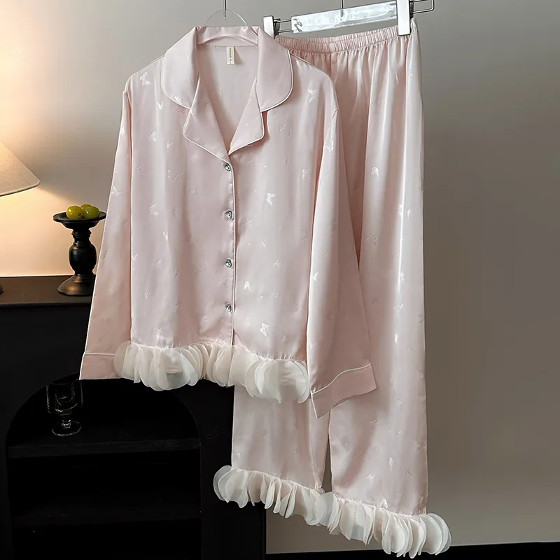 Ruffles Applique Pajamas Women Sleepwear Spring Summer Ice Silk Satin Loungewear Long Sleeve Shirt Pants Home Wear